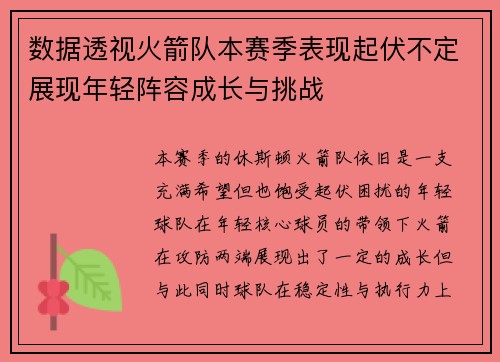 数据透视火箭队本赛季表现起伏不定展现年轻阵容成长与挑战