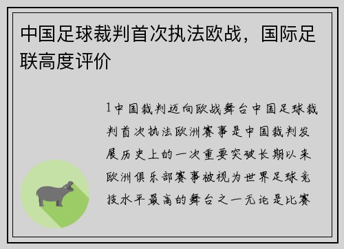 中国足球裁判首次执法欧战，国际足联高度评价