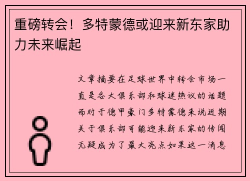 重磅转会!多特蒙德或迎来新东家助力未来崛起 重磅转会!多特蒙德或迎来新东家助力未来崛起